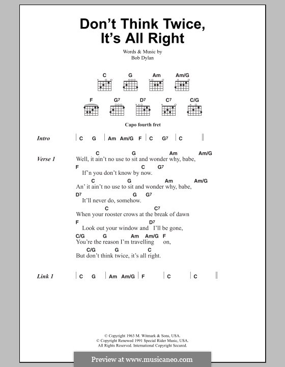 Don't Think Twice, It's Alright by B. Dylan - sheet music on MusicaNeo