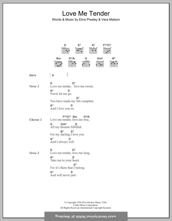 Love Me Tender (Piano-vocal version): Lyrics and chords by Vera Matson.