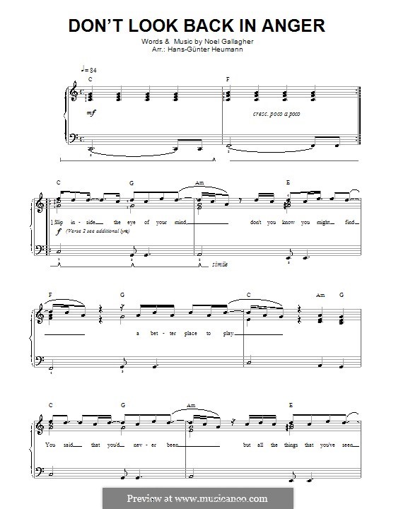 Don T Look Back In Anger Oasis By N Gallagher Sheet Music On Musicaneo