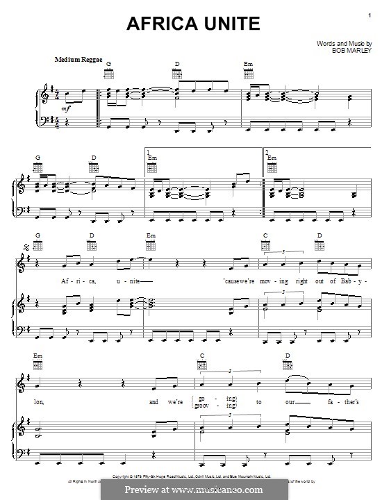 Africa Unite by B. Marley - sheet music on MusicaNeo