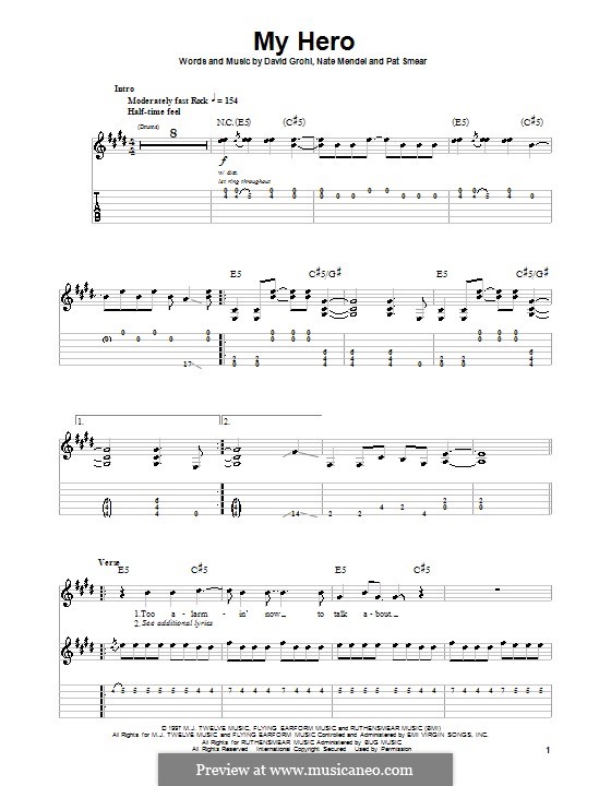 My Hero sheet music for guitar solo (easy tablature) (PDF)