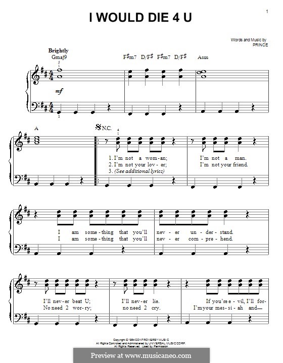 I Would Die 4 U by Prince - sheet music on MusicaNeo