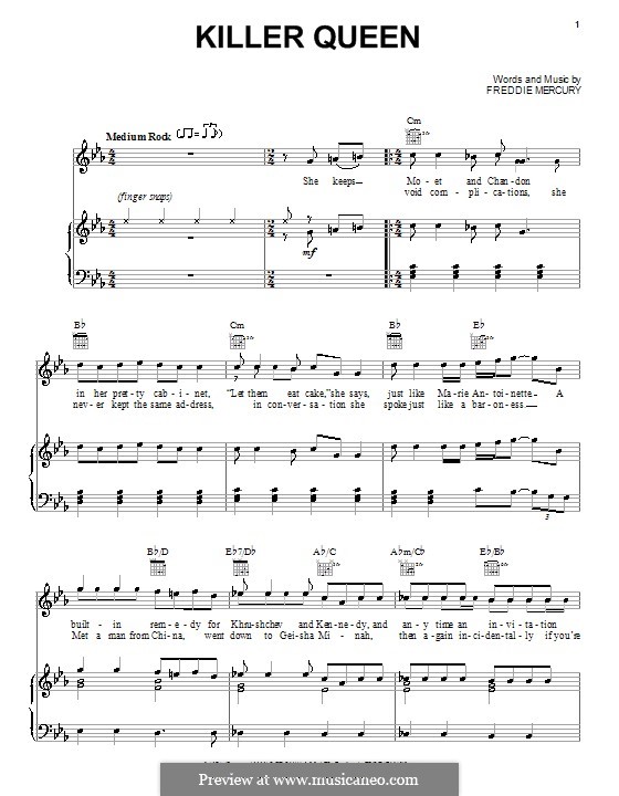 music sheet queen piano Mercury on Killer music   (Queen) sheet Queen Freddie by