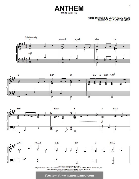 Anthem (ABBA) By B. Andersson, B. Ulvaeus - Sheet Music On MusicaNeo