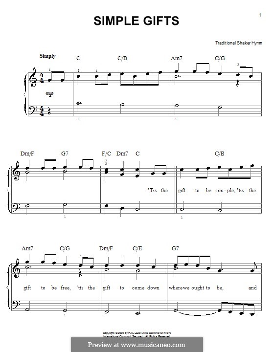 Simple Gifts, free easy hymn sheet music for piano with lyrics