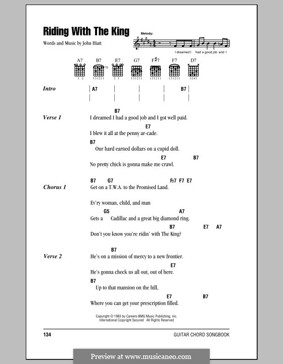 Riding with the King: Lyrics and chords (with chord boxes) by Eric Clapton.