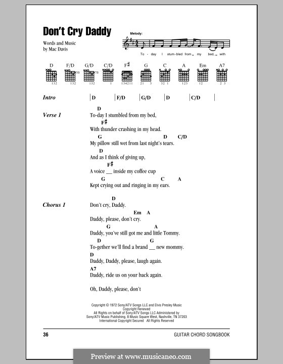 Don't Cry Daddy (Elvis Presley) by M. Davis - sheet music on MusicaNeo