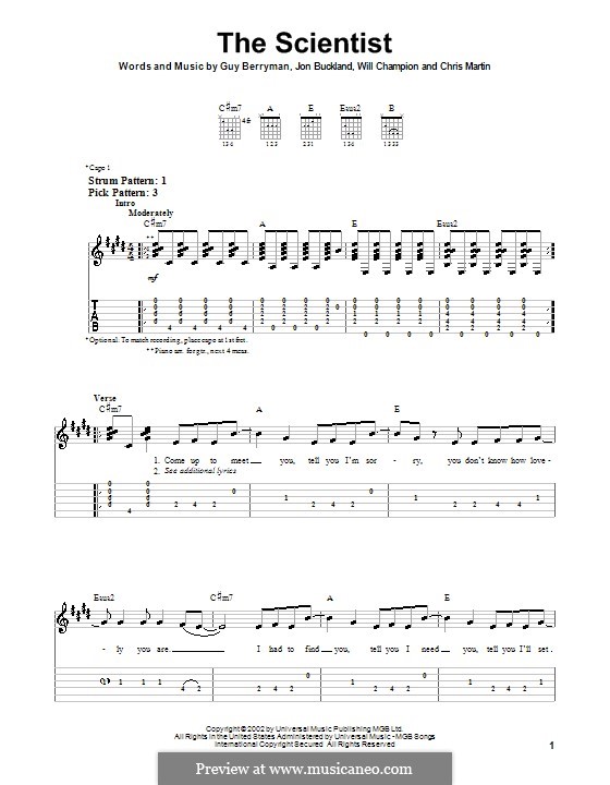 The Scientist By Coldplay Guitar Lead Sheet Guitar