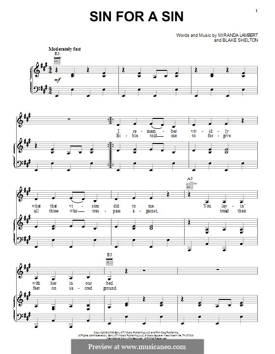 Sin for a Sin (Miranda Lambert) by B. Shelton - sheet music on MusicaNeo