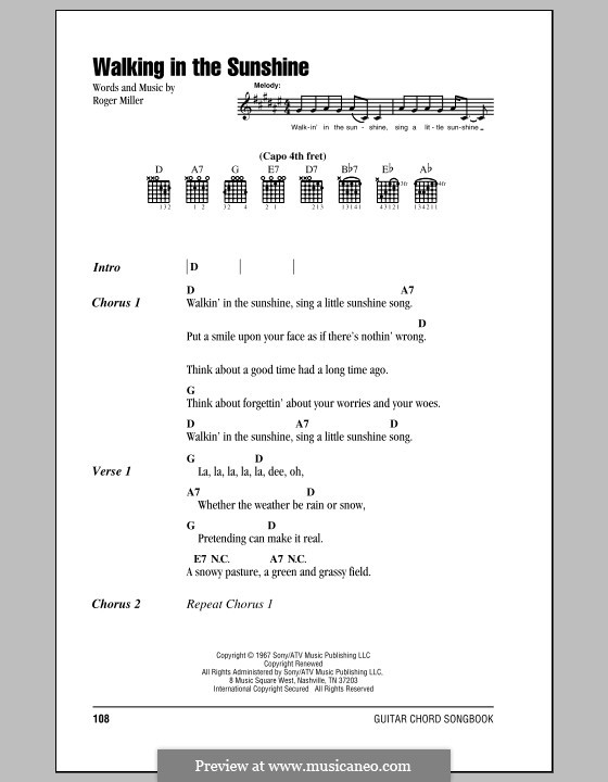 Walking In The Sunshine Sheet Music, Roger Miller