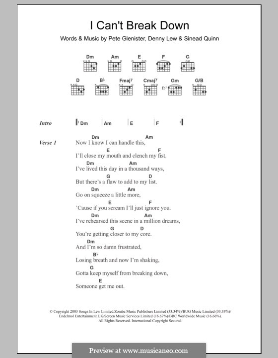 I Can't Break Down by D. Lew, P. Glenister, S. Quinn on MusicaNeo