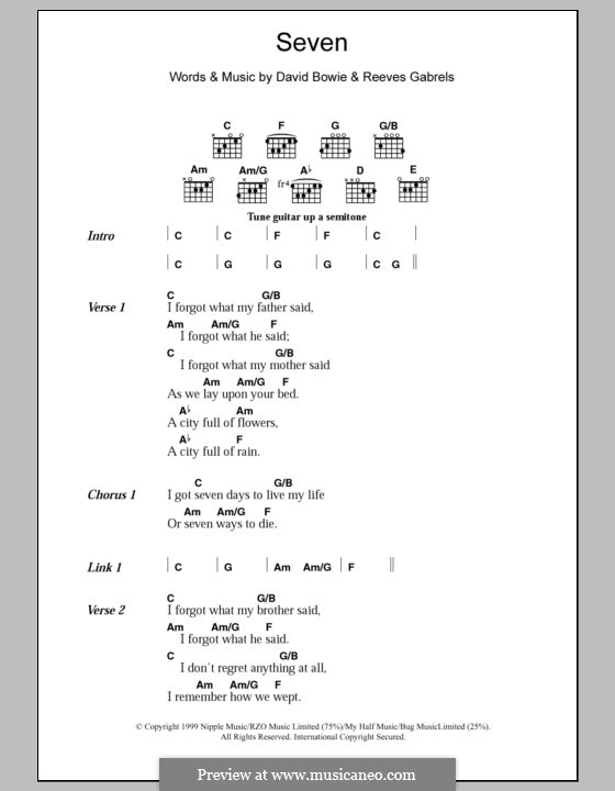 Seven by D. Bowie, R. Gabrels - sheet music on MusicaNeo