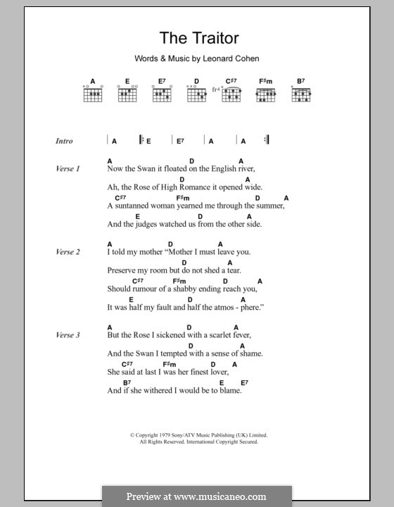 Chord: The Traitor - Leonard Cohen - tab, song lyric, sheet, guitar, ukulele