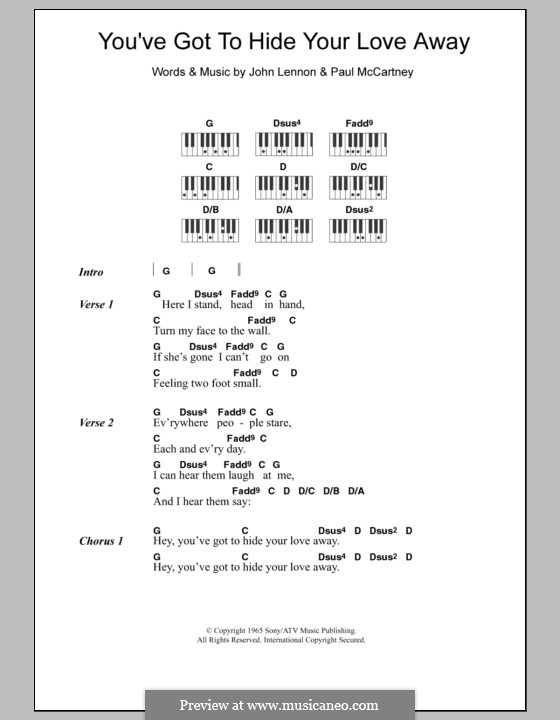 You've Got To Hide Your Love Away (Piano, Vocal & Guitar Chords)