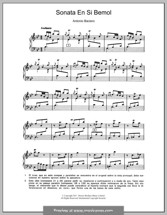 Sonata In B Flat Major By A. Baciero - Sheet Music On MusicaNeo