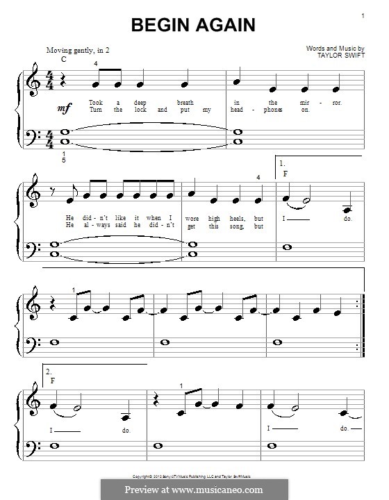 Begin Again by T. Swift - sheet music on MusicaNeo