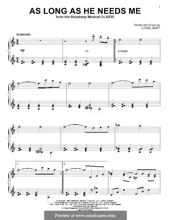 As Long As He Needs Me (from Oliver!) By L. Bart - Sheet Music On Musicaneo