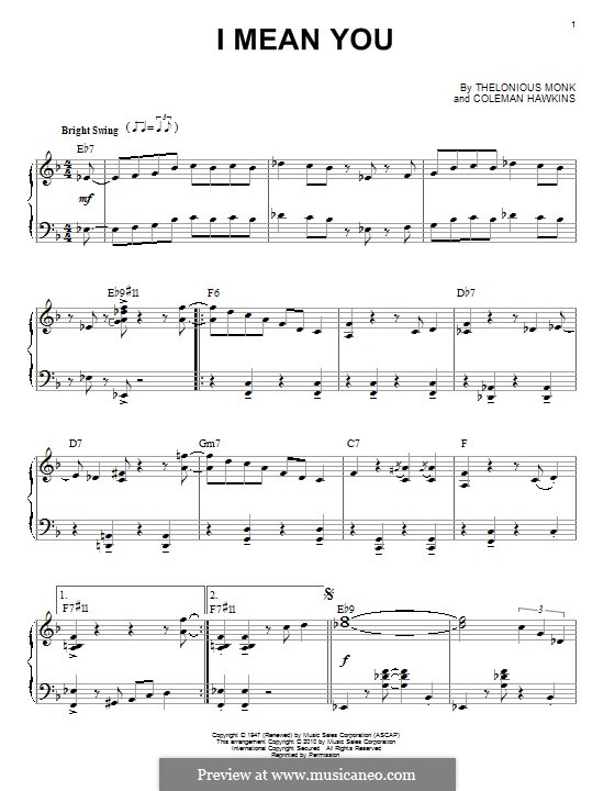 I Mean You by T. Monk - sheet music on MusicaNeo