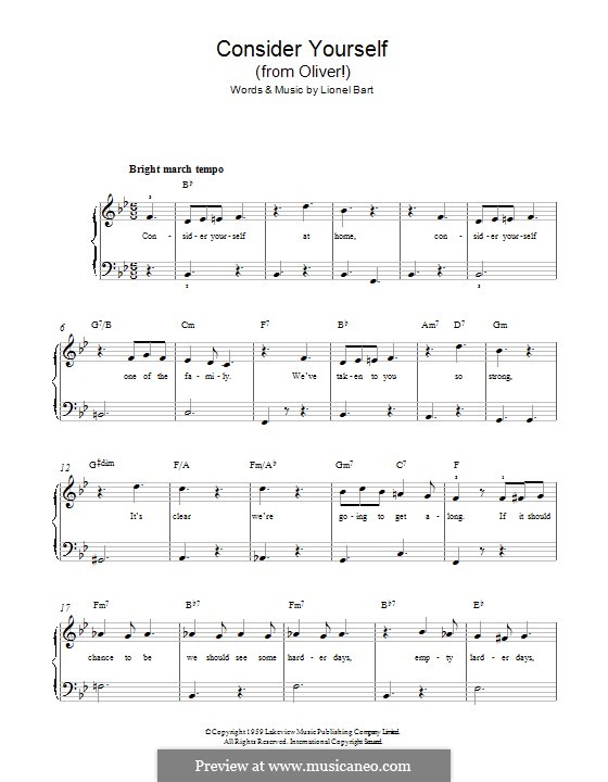 Consider Yourself From Oliver By L Bart Sheet Music On Musicaneo 