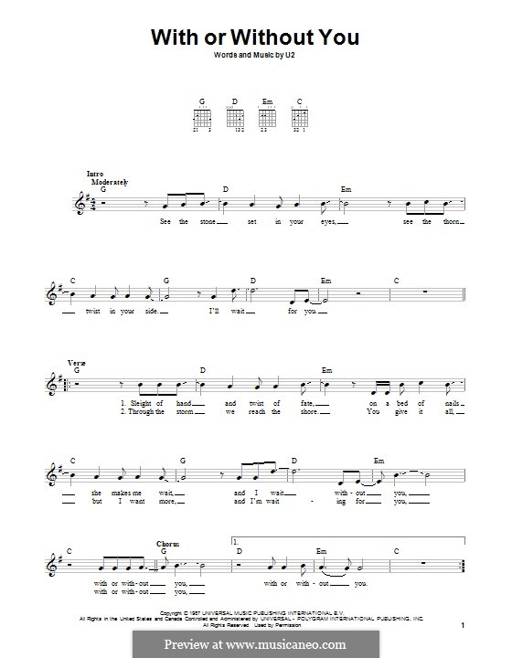 With Or Without You By U Sheet Music On Musicaneo