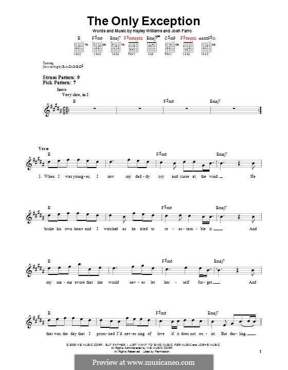 Paramore - The Only Exception fingerstyle tabs PDF
