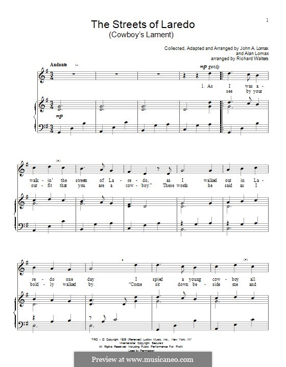 Free Piano Sheets Online - Streets of Laredo