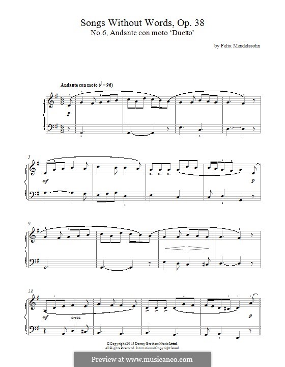 Mendelssohn F., Sechs Lieder ohne Worte, Andante con moto Sheet music for  Piano (Solo)