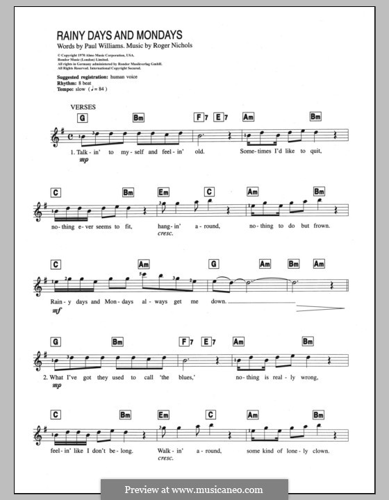 Rainy Days and Mondays by The Carpenters - Choir - Sheet Music