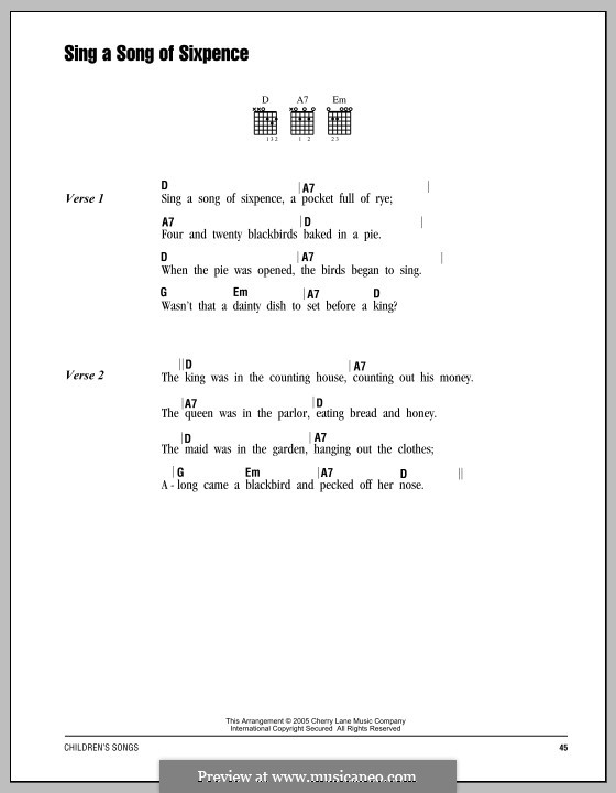 Sing A Song Of Sixpence By Folklore Sheet Music On Musicaneo