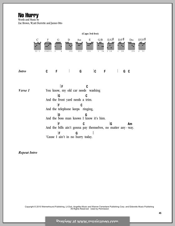 No Hurry (Zac Brown Band) by J. Otto, W. Durrette, Z. Brown on MusicaNeo