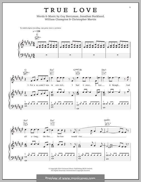 True Love by Coldplay - Piano, Vocal, Guitar - Digital Sheet Music
