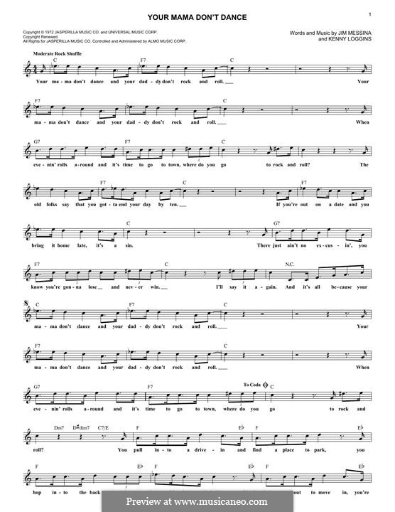 Your Mama Don't Dance By J. Messina, K. Loggins - Sheet Music On Musicaneo