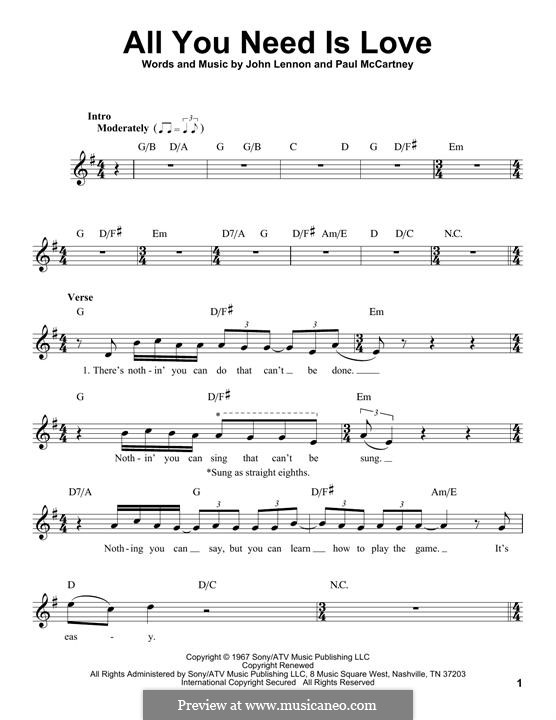 The Beatles All You Need Is Love Sheet Music in G Major (transposable) -  Download & Print - SKU: MN0053719