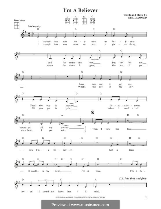 I'm a Believer by N. Diamond - sheet music on MusicaNeo