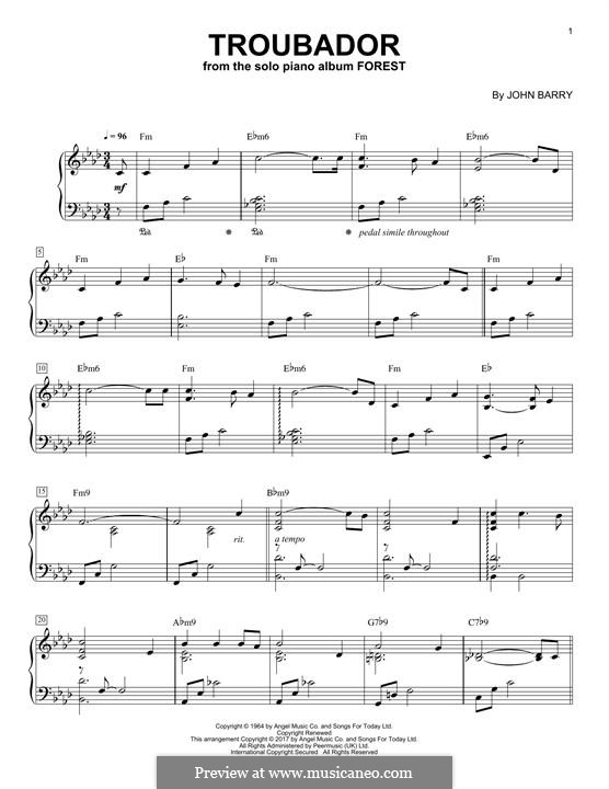 Troubadour by J. Barry - sheet music on MusicaNeo