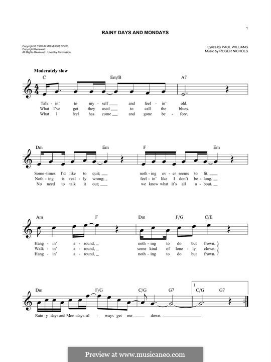 ☆ Carpenters-Rainy Days And Mondays Sheet Music pdf, - Free Score