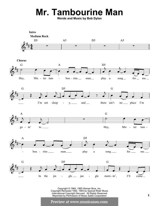 Mr Tambourine Man By B Dylan Sheet Music On Musicaneo