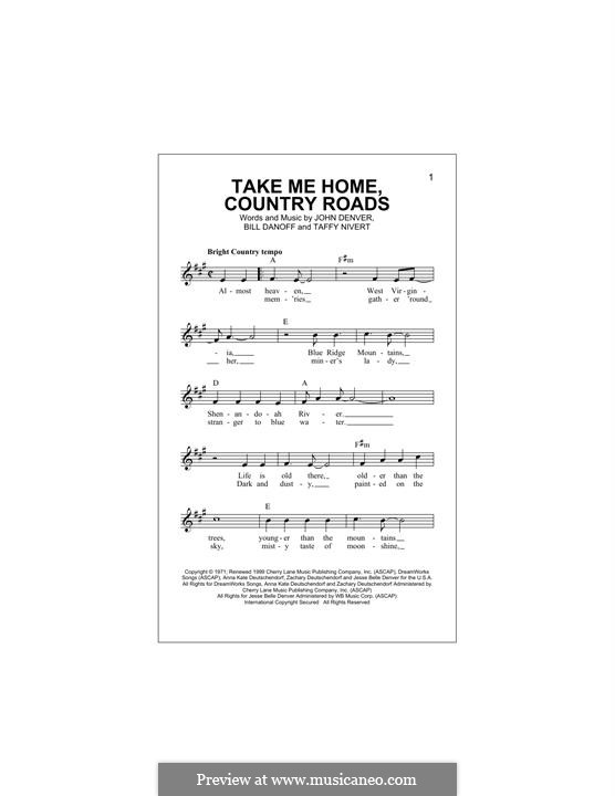 Take Me Home Country Roads By B Danoff J Denver T Nivert On Musicaneo