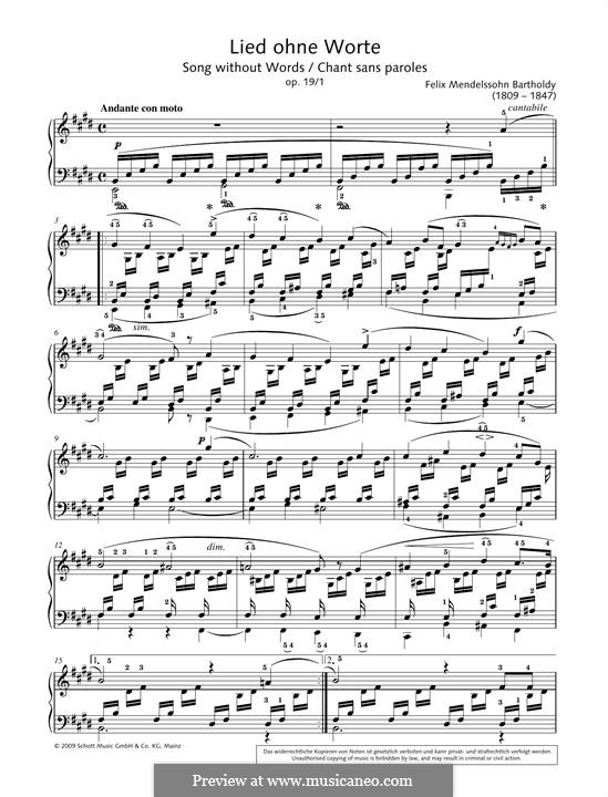 Mendelssohn F., Sechs Lieder ohne Worte, Andante con moto Sheet music for  Piano (Solo)