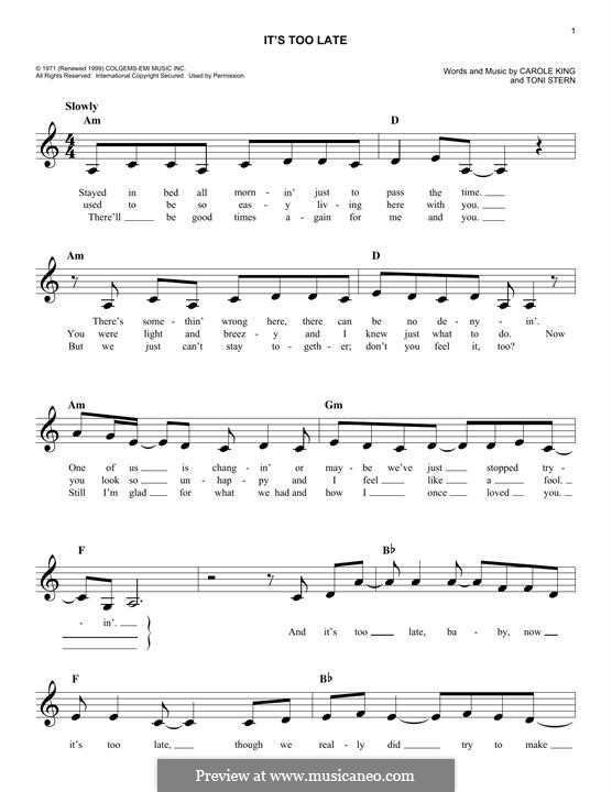 It's Too Late by C. King - sheet music on MusicaNeo