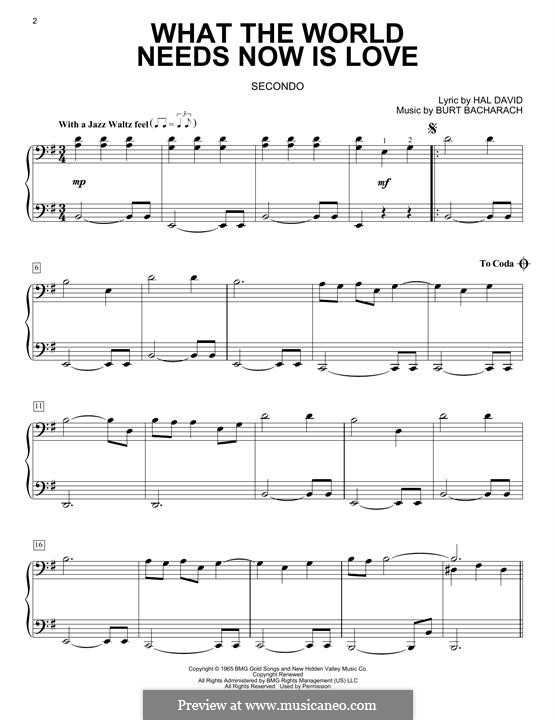 What The World Needs Now Is Love By B Bacharach Sheet Music On Musicaneo