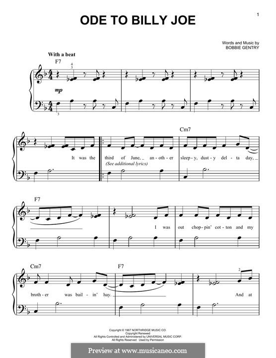 Ode To Billy Joe by B. Gentry - sheet music on MusicaNeo