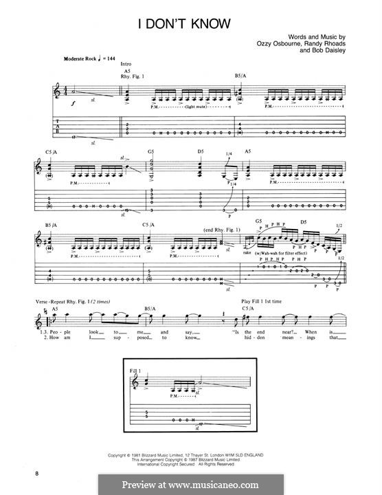 I Don't Know by B. Daisley, R. Rhoads - sheet music on MusicaNeo