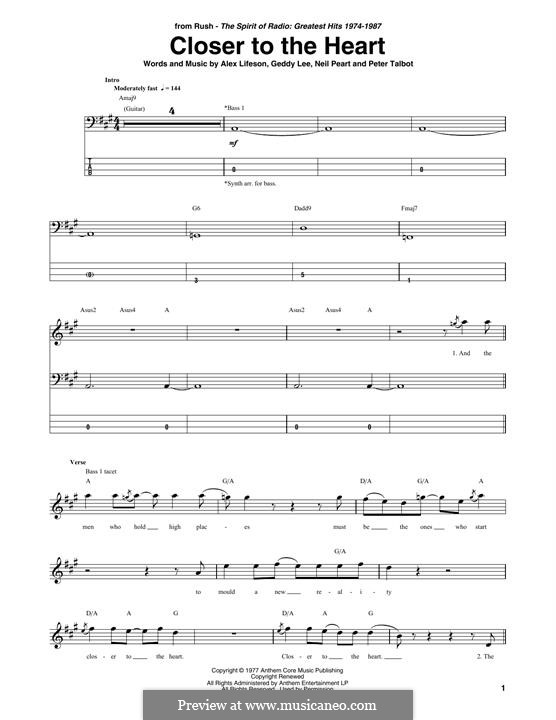 Closer To The Heart (Rush) by A. Lifeson, G. Lee - sheet music on MusicaNeo