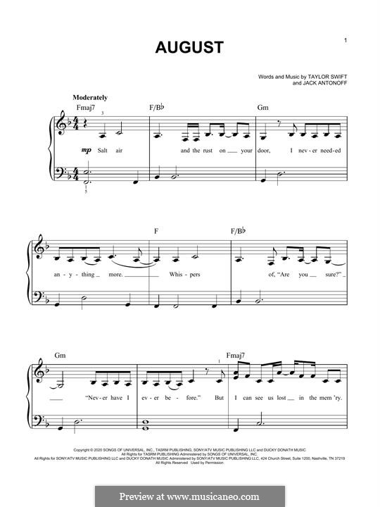 August (Taylor Swift) by J. Antonoff - sheet music on MusicaNeo