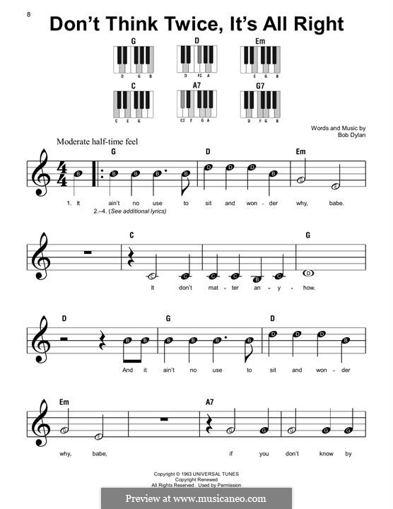 Don't Think Twice, It's Alright by B. Dylan - sheet music on MusicaNeo