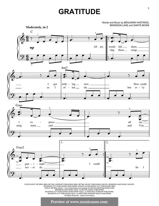 Gratitude (Brandon Lake) By B. Hastings - Sheet Music On MusicaNeo