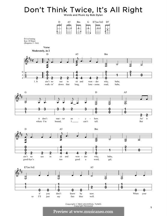 Don't Think Twice, It's Alright sheet music for voice, piano or guitar