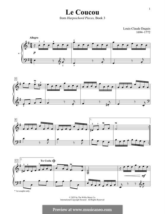 Le Coucou in E minor sheet music for piano solo (PDF-interactive)