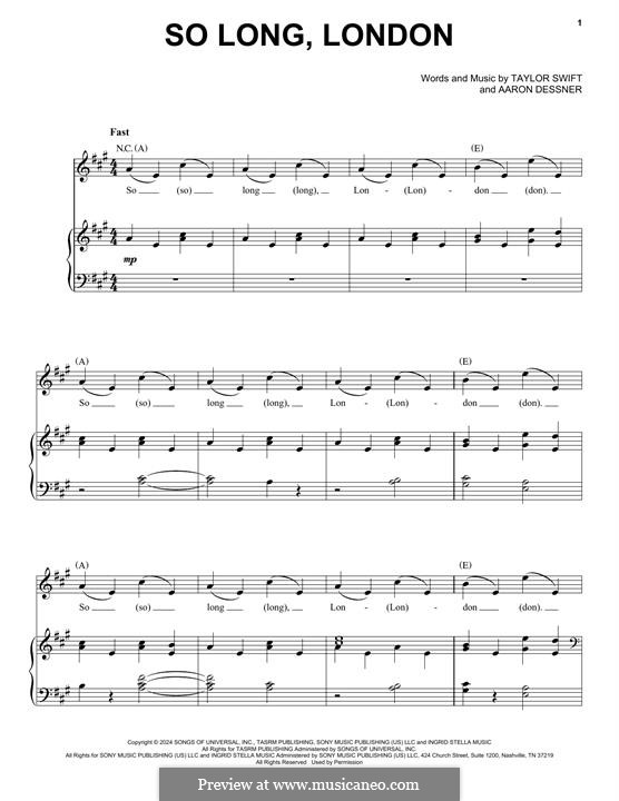 So Long, London (Taylor Swift) by A. Dessner - sheet music on MusicaNeo